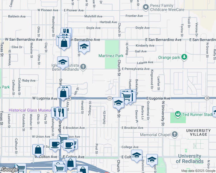 map of restaurants, bars, coffee shops, grocery stores, and more near 623 Church Place in Redlands