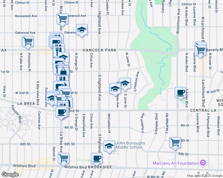 map of restaurants, bars, coffee shops, grocery stores, and more near 172 South Mc Cadden Place in Los Angeles
