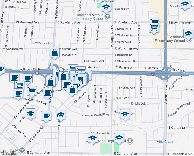 map of restaurants, bars, coffee shops, grocery stores, and more near 112 South Gardenglen Street in West Covina