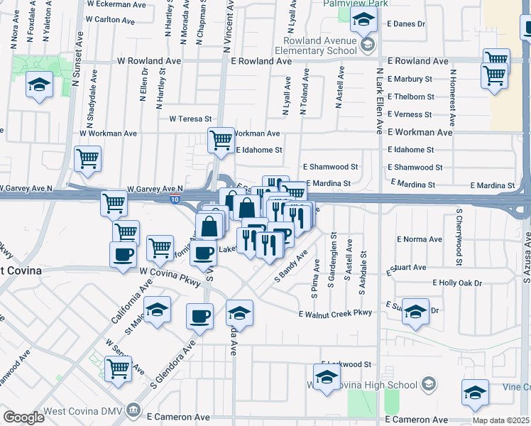 map of restaurants, bars, coffee shops, grocery stores, and more near 1000 Lakes Drive in West Covina