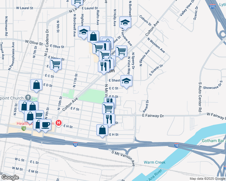 map of restaurants, bars, coffee shops, grocery stores, and more near in Colton