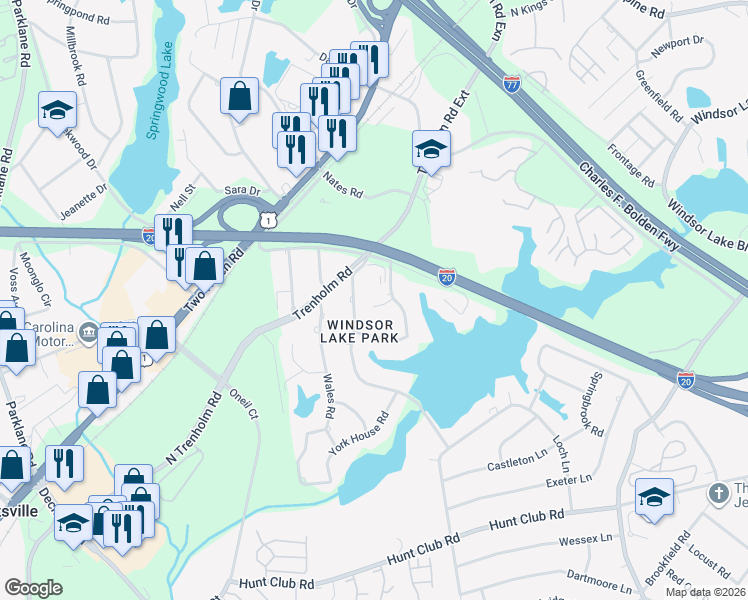 map of restaurants, bars, coffee shops, grocery stores, and more near 215 Windsor Point Road in Columbia