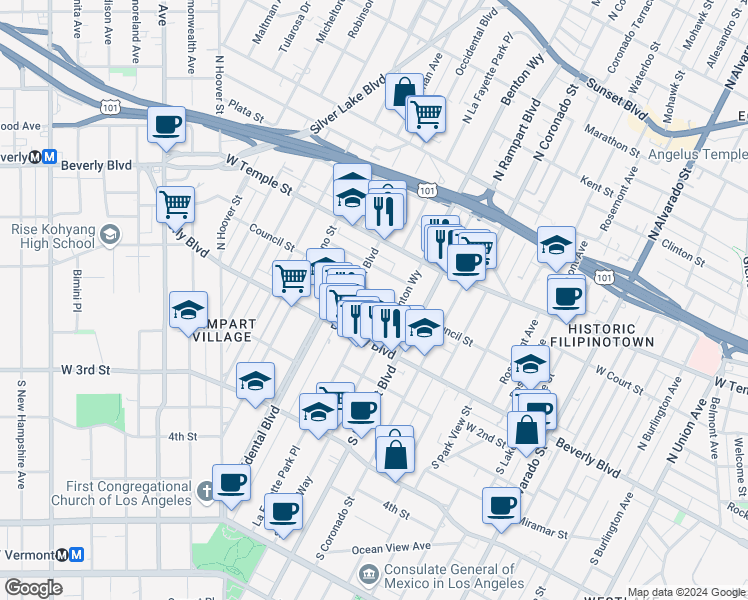 map of restaurants, bars, coffee shops, grocery stores, and more near 2730 Council Street in Los Angeles