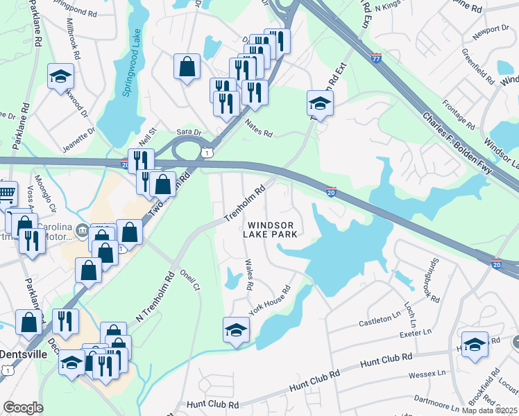 map of restaurants, bars, coffee shops, grocery stores, and more near 2904 Chatsworth Road in Columbia