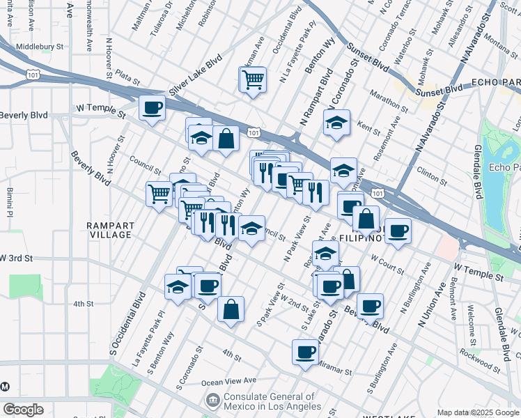 map of restaurants, bars, coffee shops, grocery stores, and more near 226 North Rampart Boulevard in Los Angeles