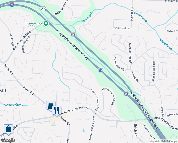 map of restaurants, bars, coffee shops, grocery stores, and more near 4773 Arbor View Parkway in Acworth