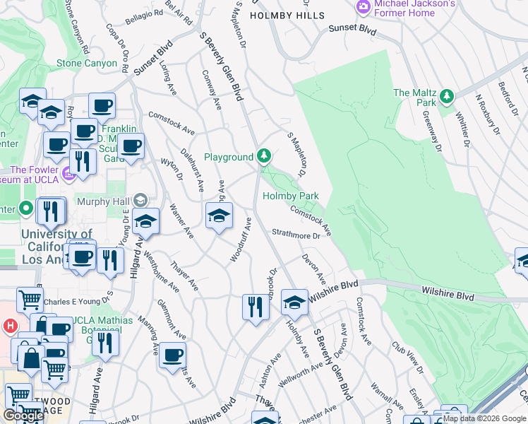 map of restaurants, bars, coffee shops, grocery stores, and more near 570 South Beverly Glen Boulevard in Los Angeles