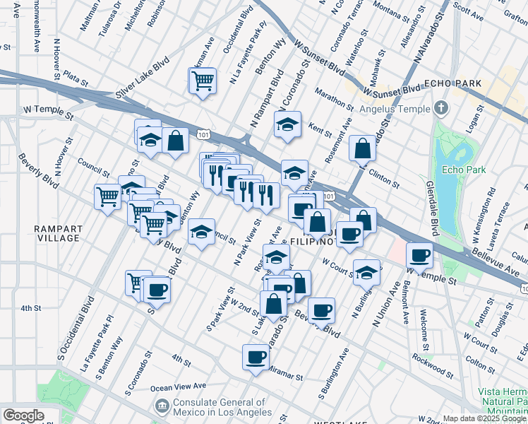 map of restaurants, bars, coffee shops, grocery stores, and more near W Temple St & N Park View St in Los Angeles