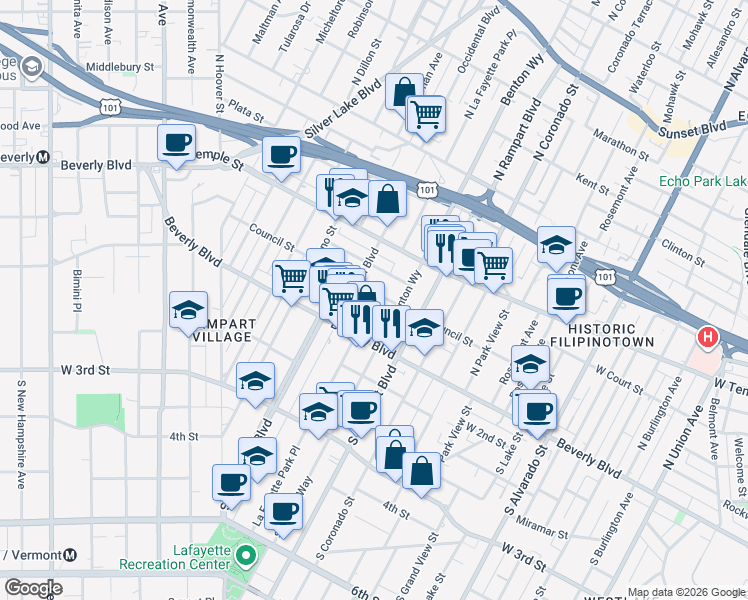 map of restaurants, bars, coffee shops, grocery stores, and more near 2730 Council Street in Los Angeles
