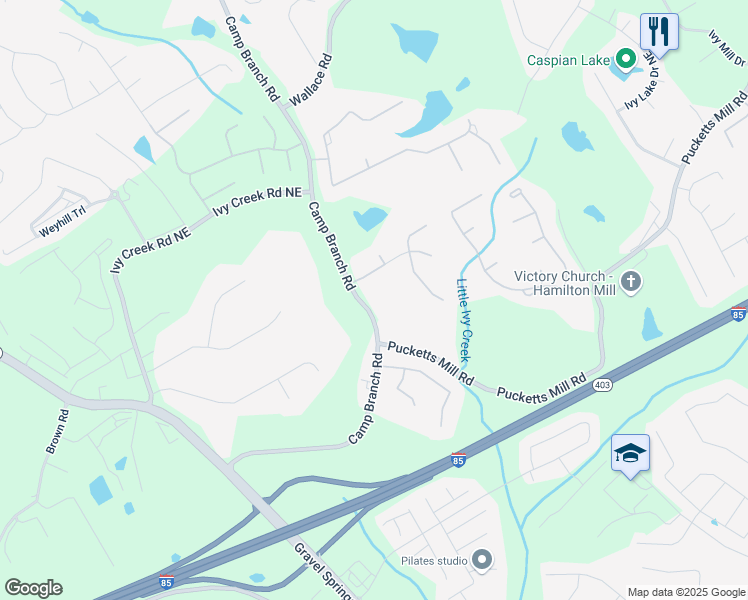 map of restaurants, bars, coffee shops, grocery stores, and more near 2751 Camp Branch Road in Buford