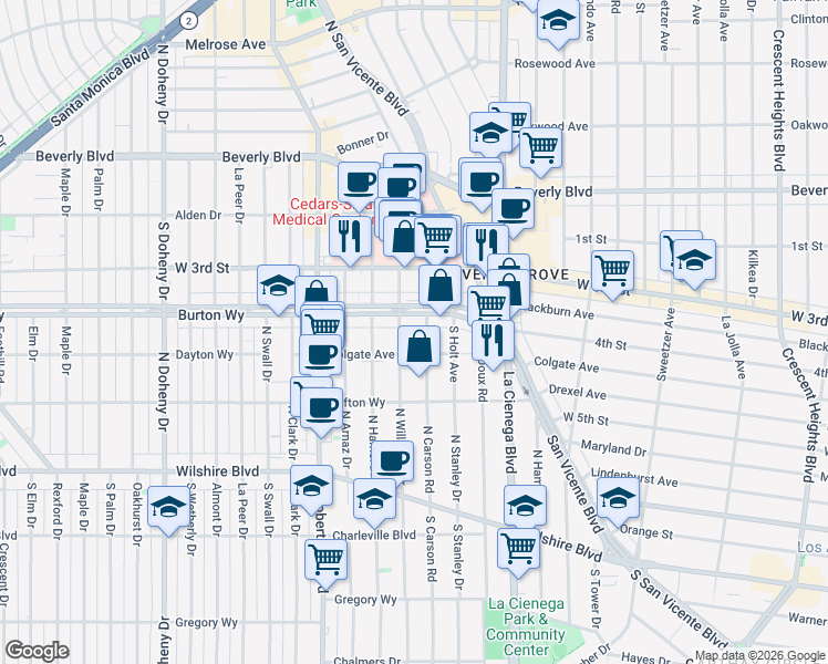 map of restaurants, bars, coffee shops, grocery stores, and more near 8603 Colgate Avenue in Los Angeles