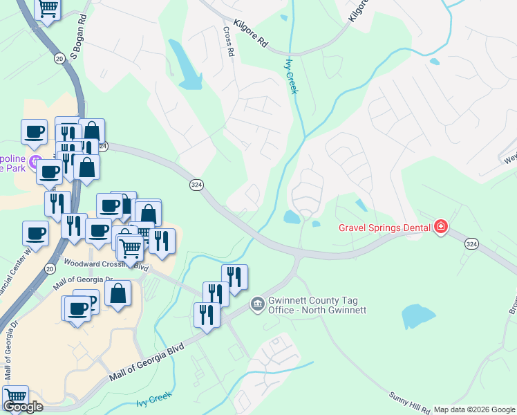 map of restaurants, bars, coffee shops, grocery stores, and more near 3152 Mill Springs Circle Northeast in Buford