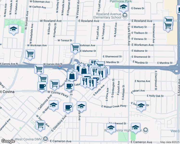 map of restaurants, bars, coffee shops, grocery stores, and more near 1200 Lakes Drive in West Covina