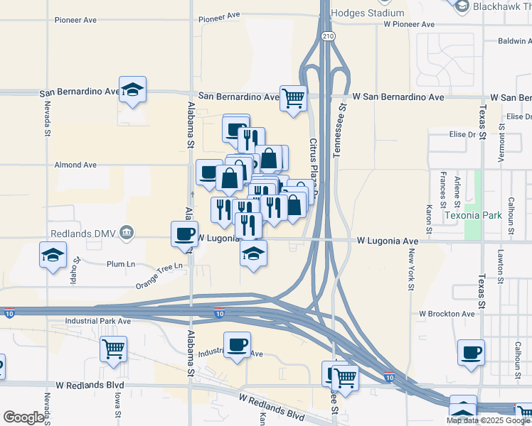 map of restaurants, bars, coffee shops, grocery stores, and more near 27512 West Lugonia Avenue in Redlands