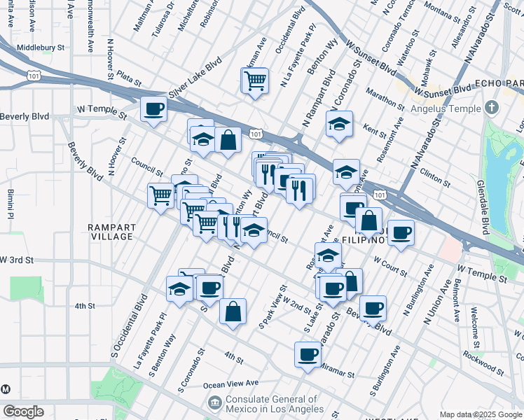 map of restaurants, bars, coffee shops, grocery stores, and more near 226 North Rampart Boulevard in Los Angeles