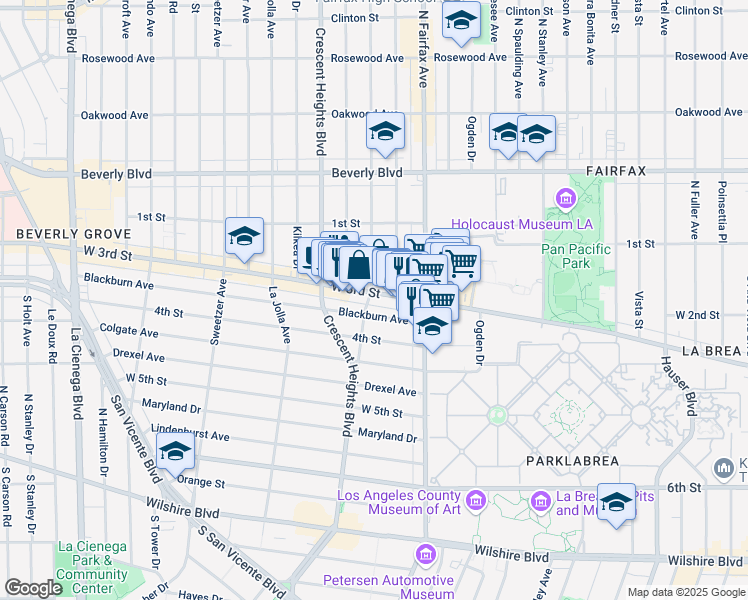 map of restaurants, bars, coffee shops, grocery stores, and more near 7957 Blackburn Avenue in Los Angeles