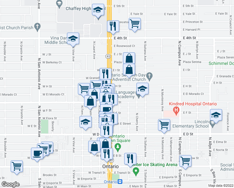 map of restaurants, bars, coffee shops, grocery stores, and more near 121 East El Morado Court in Ontario