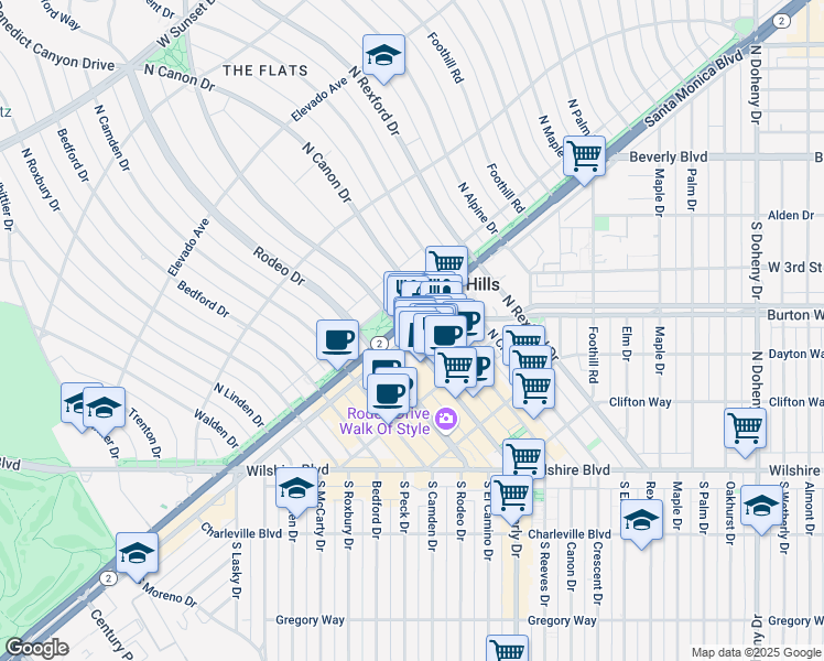 map of restaurants, bars, coffee shops, grocery stores, and more near 9400 Brighton Way in Beverly Hills