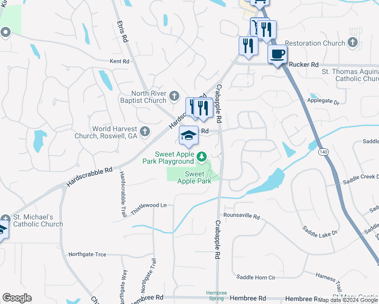 map of restaurants, bars, coffee shops, grocery stores, and more near 12025 Etris Road in Roswell