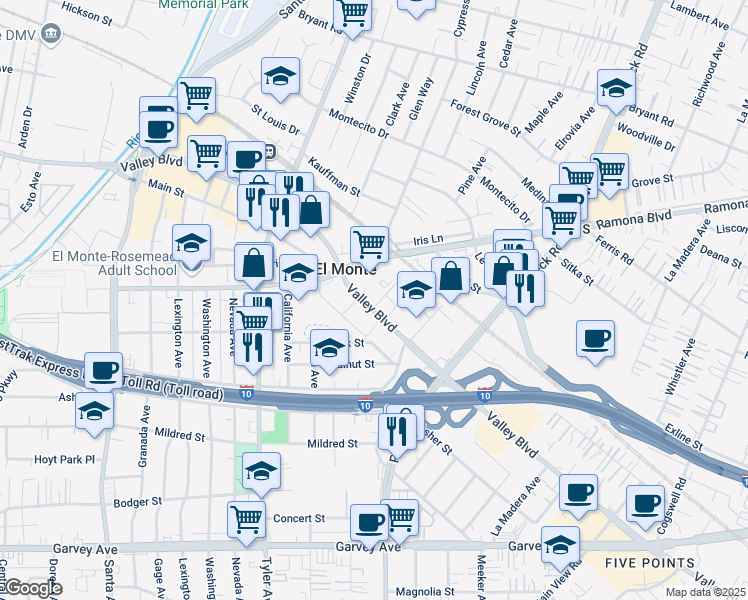map of restaurants, bars, coffee shops, grocery stores, and more near 200 Valley Boulevard in San Gabriel