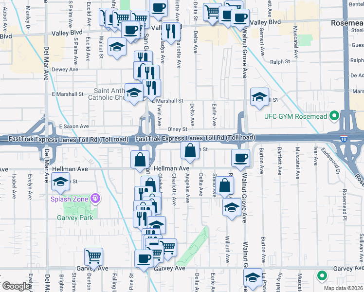 map of restaurants, bars, coffee shops, grocery stores, and more near 3436 Charlotte Avenue in Rosemead