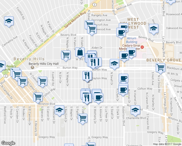 map of restaurants, bars, coffee shops, grocery stores, and more near 303 North Wetherly Drive in Beverly Hills