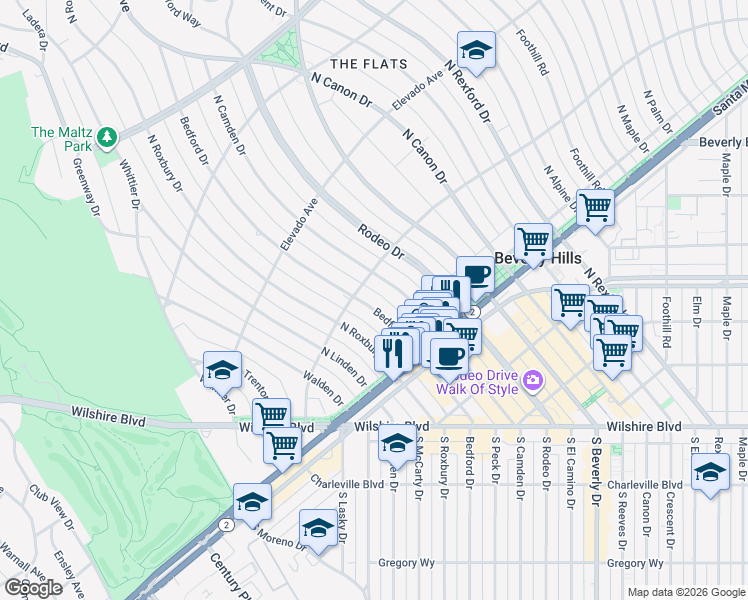map of restaurants, bars, coffee shops, grocery stores, and more near 517 North Bedford Drive in Beverly Hills