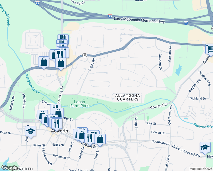 map of restaurants, bars, coffee shops, grocery stores, and more near 4245 Brandy Ann Drive in Acworth