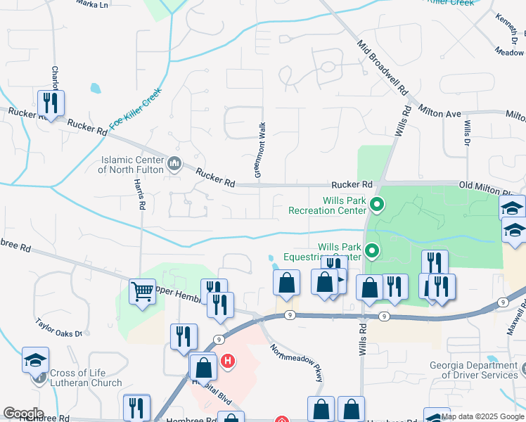 map of restaurants, bars, coffee shops, grocery stores, and more near 11865 Brisbane Drive in Alpharetta