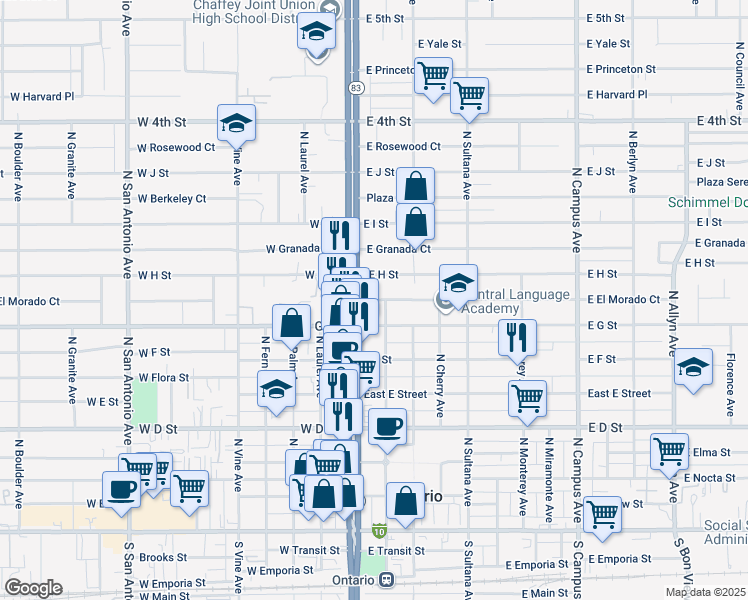 map of restaurants, bars, coffee shops, grocery stores, and more near 117 East El Morado Court in Ontario