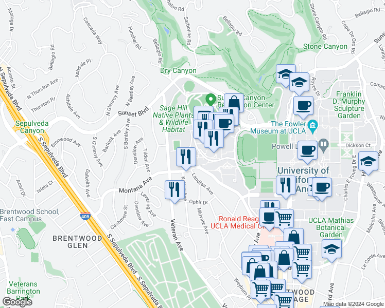 map of restaurants, bars, coffee shops, grocery stores, and more near 325 De Neve Drive in Los Angeles