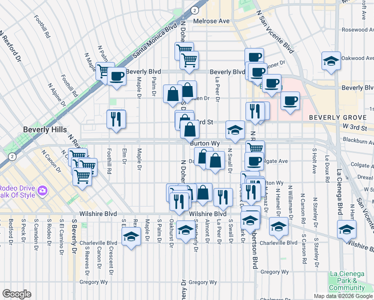map of restaurants, bars, coffee shops, grocery stores, and more near 303 North Wetherly Drive in Beverly Hills