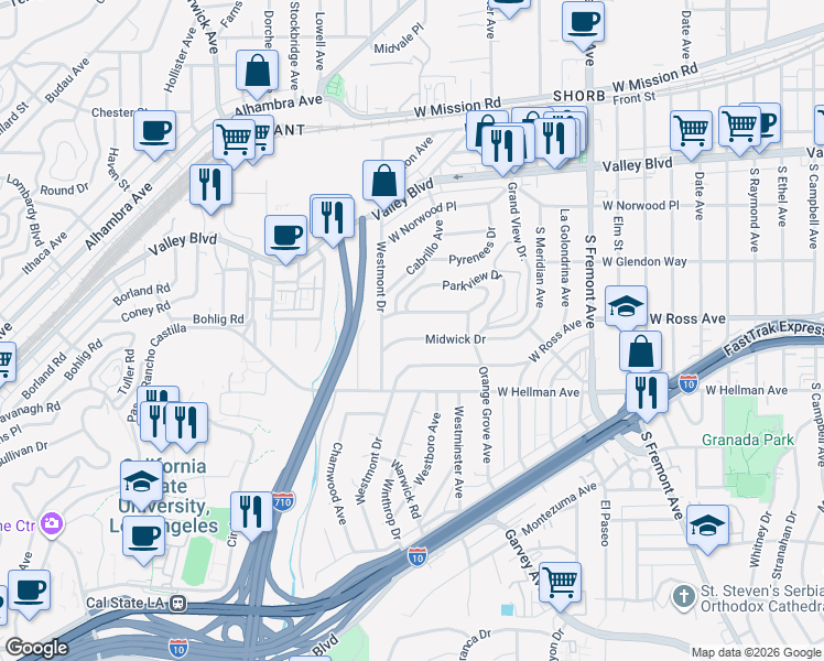 map of restaurants, bars, coffee shops, grocery stores, and more near 3017 Midwick Drive in Alhambra