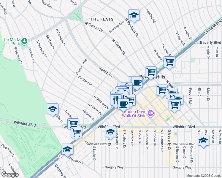 map of restaurants, bars, coffee shops, grocery stores, and more near 517 North Camden Drive in Beverly Hills