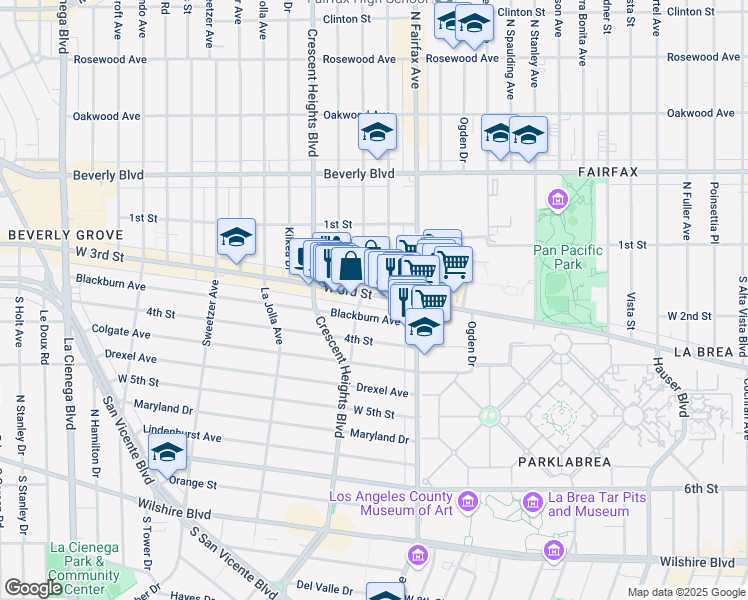 map of restaurants, bars, coffee shops, grocery stores, and more near 7957 Blackburn Avenue in Los Angeles