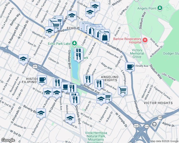 map of restaurants, bars, coffee shops, grocery stores, and more near 1105 West Kensington Road in Los Angeles