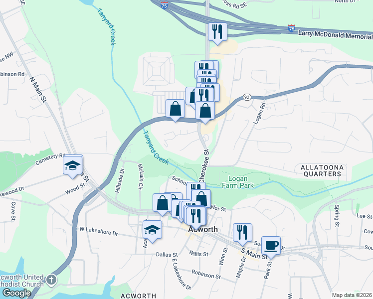 map of restaurants, bars, coffee shops, grocery stores, and more near 4890 Jenny Drive in Acworth