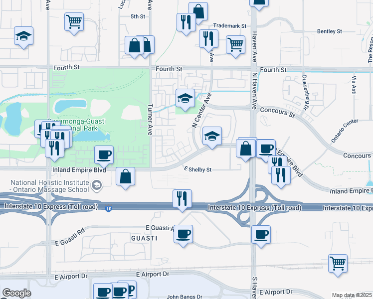 map of restaurants, bars, coffee shops, grocery stores, and more near 3221 Inland Empire Boulevard in Ontario