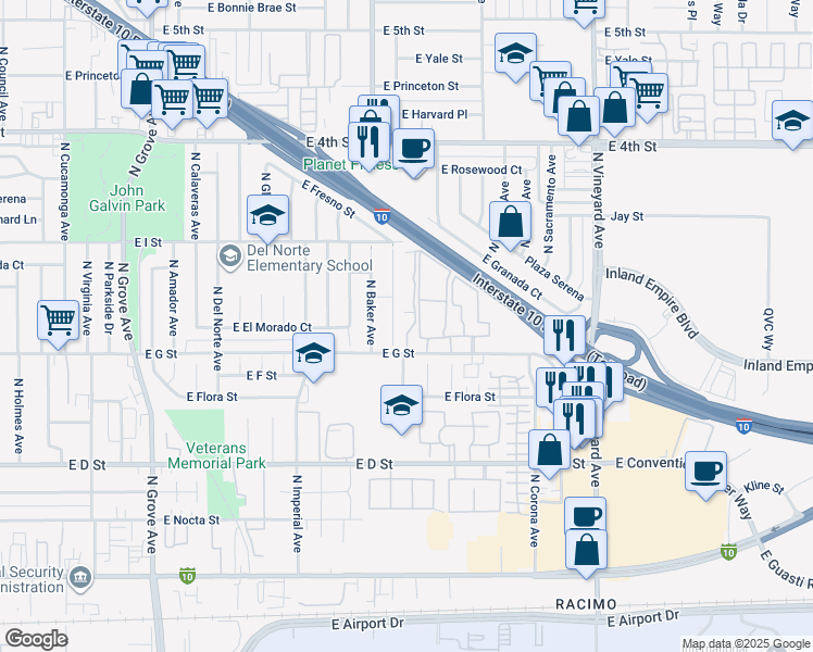 map of restaurants, bars, coffee shops, grocery stores, and more near 1639 East G Street in Ontario