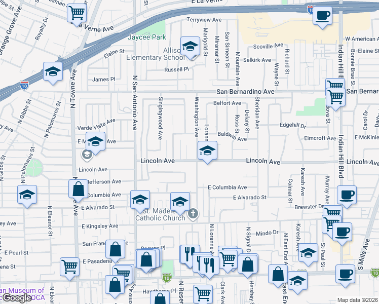 map of restaurants, bars, coffee shops, grocery stores, and more near 1211 Washington Avenue in Pomona