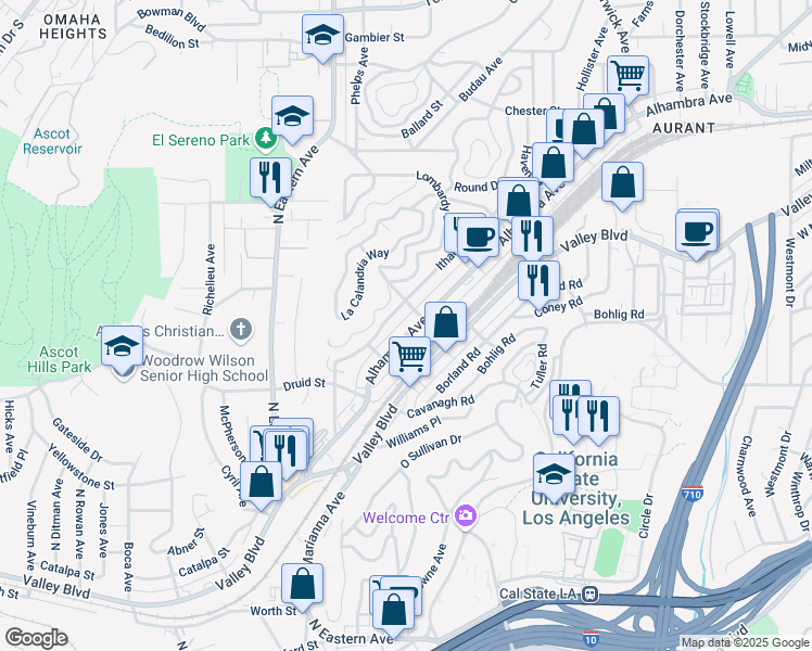 map of restaurants, bars, coffee shops, grocery stores, and more near 5112 Alhambra Avenue in Los Angeles