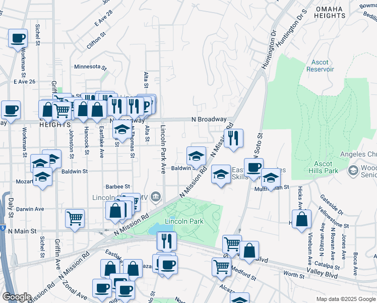 map of restaurants, bars, coffee shops, grocery stores, and more near 2212 Parkside Avenue in Los Angeles