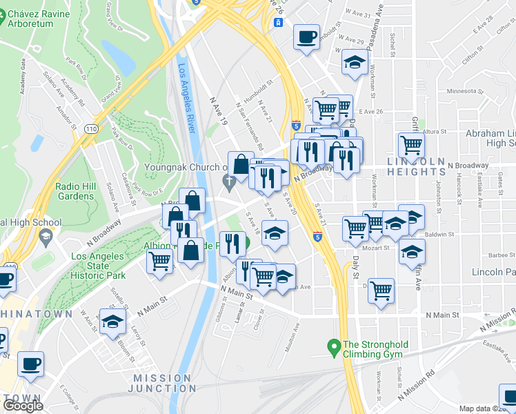 map of restaurants, bars, coffee shops, grocery stores, and more near 231 South Avenue 19 in Los Angeles