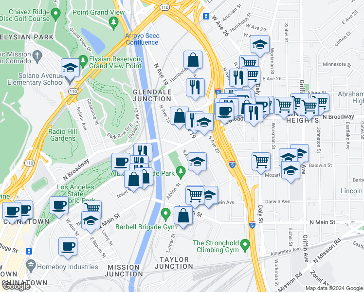 map of restaurants, bars, coffee shops, grocery stores, and more near 223 South Avenue 18 in Los Angeles