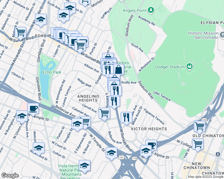map of restaurants, bars, coffee shops, grocery stores, and more near 1290 Sunset Boulevard in Los Angeles