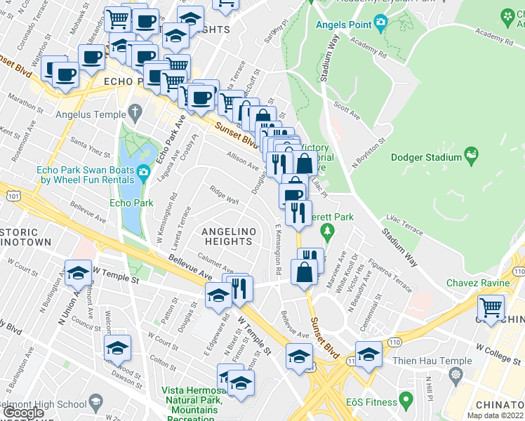 map of restaurants, bars, coffee shops, grocery stores, and more near 938 East Edgeware Road in Los Angeles