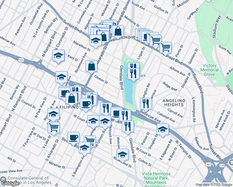 map of restaurants, bars, coffee shops, grocery stores, and more near 510 North Burlington Avenue in Los Angeles