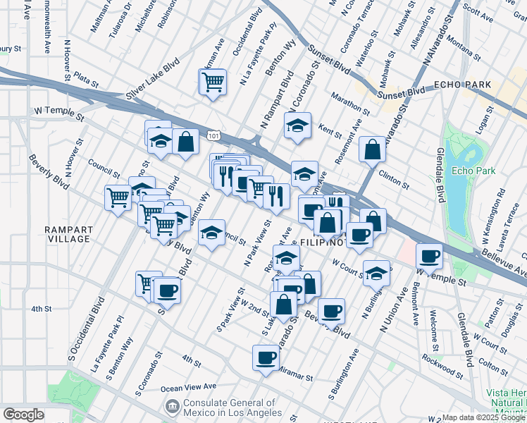 map of restaurants, bars, coffee shops, grocery stores, and more near in Los Angeles