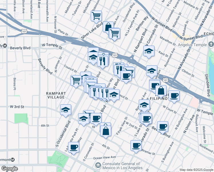 map of restaurants, bars, coffee shops, grocery stores, and more near 152 North Benton Way in Los Angeles