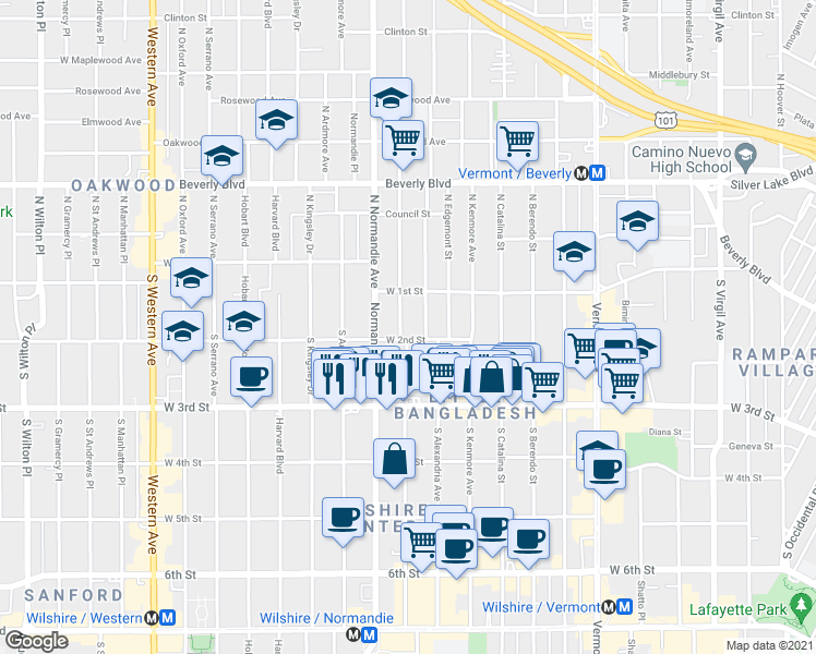 map of restaurants, bars, coffee shops, grocery stores, and more near 200 South Mariposa Avenue in Los Angeles
